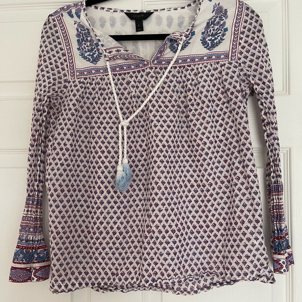 J. Crew Boho Long Sleeve Top with tassels Blue and White. Gently worn size 0